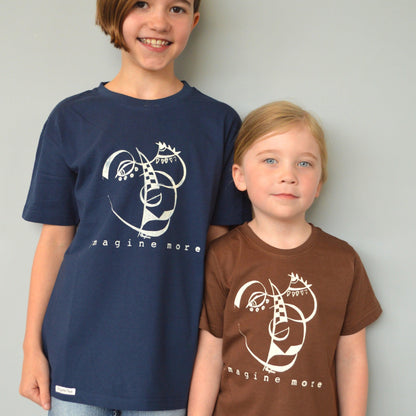 Two children wearing navy and brown Kids' Organic Cotton T-Shirts with abstract 'imagine more' graphics, sustainable artistic tops by Uni-T.