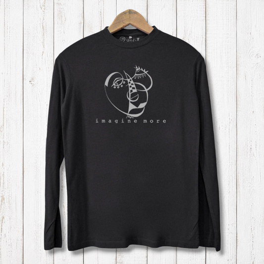 Men's bamboo long sleeve T-shirt in black with abstract face graphic and 'imagine more' text. Eco-friendly and stylish for everyday wear.