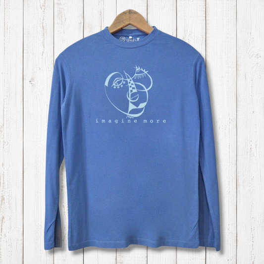 Blue men's bamboo long sleeve T-shirt featuring minimalist face line art and 'imagine more' slogan. Organic cotton blend for comfort and style.