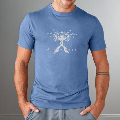 Blue bamboo and organic cotton men's t-shirt with inspirational 'Dream More' design in white. Ideal gift for entrepreneurs and creatives.