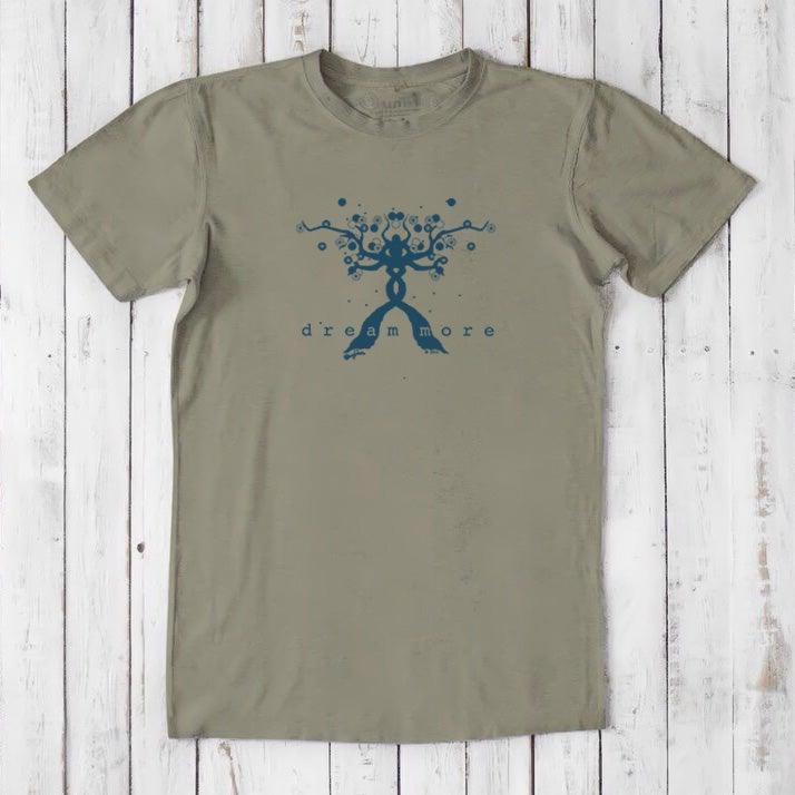 Olive green men's motivational t-shirt with navy 'Dream More' tree graphic. Eco-friendly bamboo and organic cotton blend for conscious shoppers.