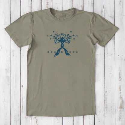 Olive green men's motivational t-shirt with navy 'Dream More' tree graphic. Eco-friendly bamboo and organic cotton blend for conscious shoppers.