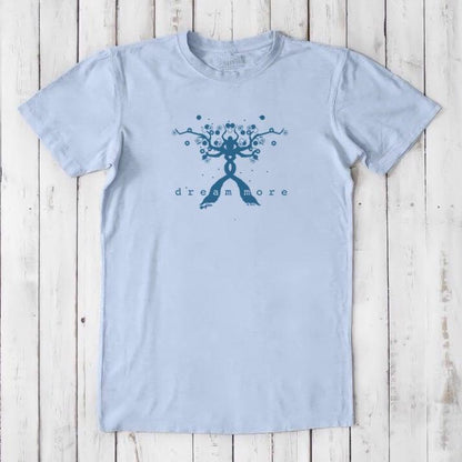 Light blue men's inspirational t-shirt with navy 'Dream More' design. Made from soft bamboo and organic cotton, perfect for dreamers.
