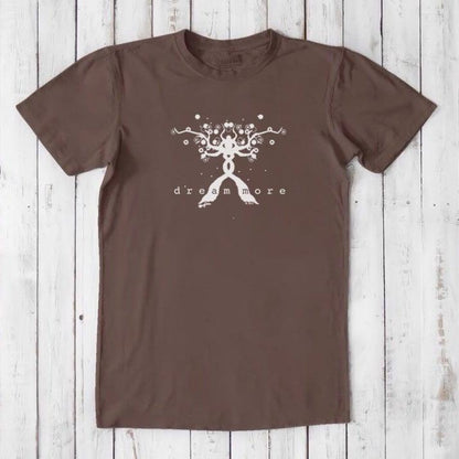Brown men's t-shirt with white 'Dream More' graphic. Crafted from sustainable bamboo and organic cotton, ideal for mindful fashion lovers.