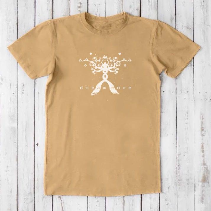 Tan men's graphic t-shirt with white 'Dream More' design. Made from bamboo and organic cotton, ideal for entrepreneurs and creatives.