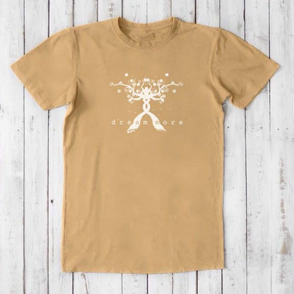 Tan men's graphic t-shirt with white 'Dream More' design. Made from bamboo and organic cotton, ideal for entrepreneurs and creatives.