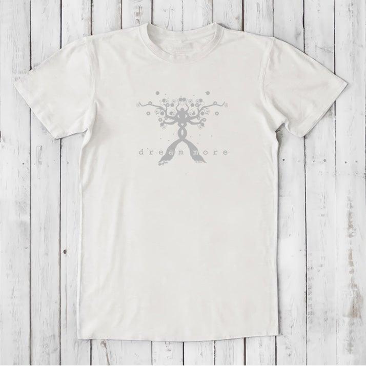 White men's t-shirt with subtle grey 'Dream More' graphic. Classic fit made from bamboo and organic cotton for sustainable style.