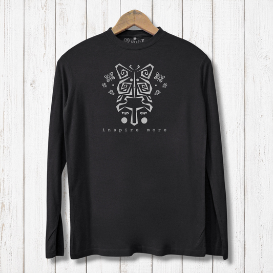 Inspire More T-Shirts - Art Design Tee in black made from bamboo and organic cotton. Features tribal butterfly graphic and eco-friendly long sleeves.