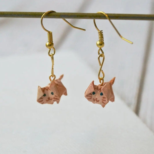 Origami Cat Earrings - Unique Jewelry in orange-tabby design with gold hooks, handcrafted from paper and acrylic sealant. Lightweight and whimsical style.