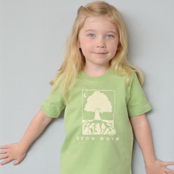 Child wearing Kids' Tree Organic Cotton T-Shirt in green with 'Grow More' nature-inspired graphic, sustainable eco-friendly top by Uni-T.