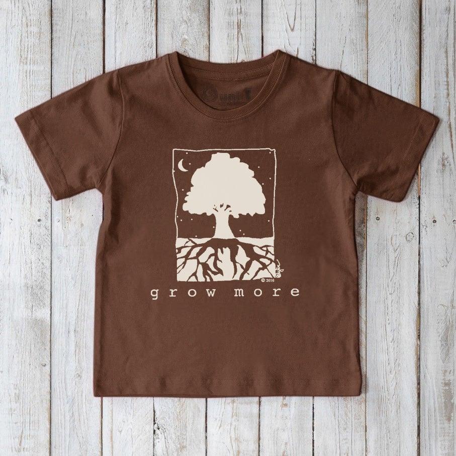 Brown Kids' Organic Cotton T-Shirt with white tree and roots graphic and 'Grow More' text, eco-conscious gardening tee by Uni-T.