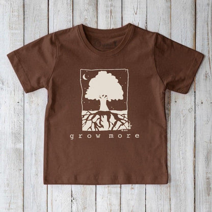 Brown Kids' Organic Cotton T-Shirt with white tree and roots graphic and 'Grow More' text, eco-conscious gardening tee by Uni-T.