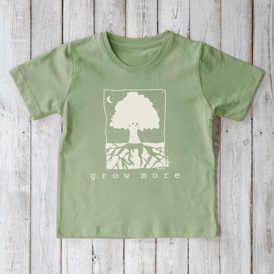 Green Kids' Tree Organic Cotton T-Shirt featuring nature-themed 'Grow More' graphic, sustainable and soft tee by Uni-T.