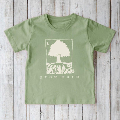 Green Kids' Tree Organic Cotton T-Shirt featuring nature-themed 'Grow More' graphic, sustainable and soft tee by Uni-T.