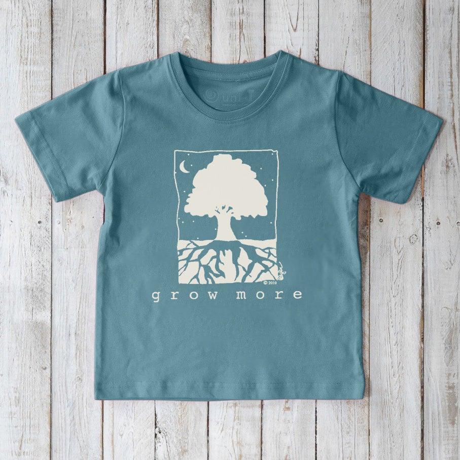 Blue Kids' Tree Organic Cotton T-Shirt with white nature graphic and 'Grow More' text, eco-friendly gift for children by Uni-T.
