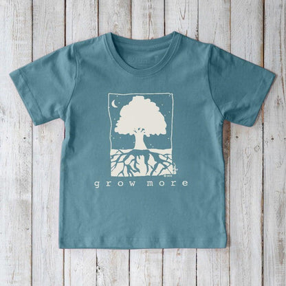 Blue Kids' Tree Organic Cotton T-Shirt with white nature graphic and 'Grow More' text, eco-friendly gift for children by Uni-T.