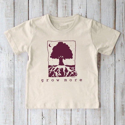 Cream Kids' Organic Cotton T-Shirt with burgundy tree and root design, 'Grow More' eco-friendly gardening tee by Uni-T.