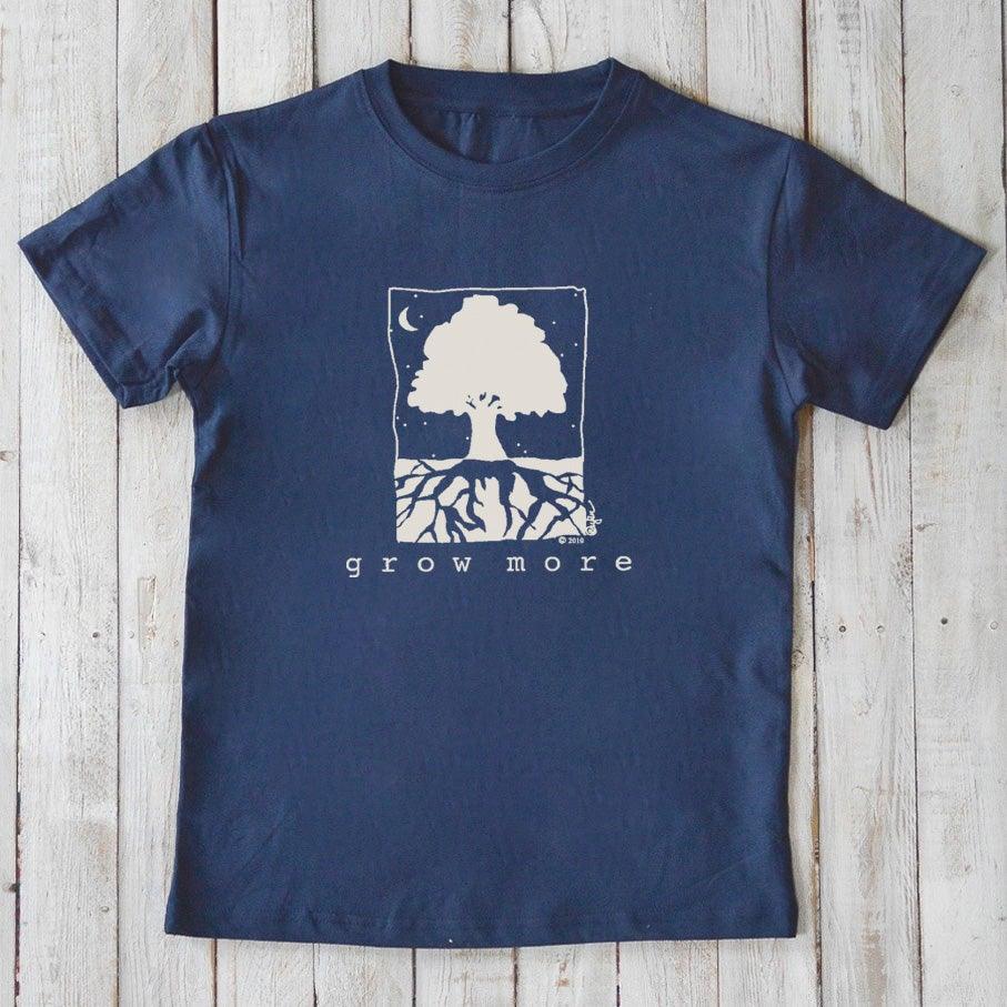 Navy Kids' Organic Cotton T-Shirt with white tree and root illustration and 'Grow More' message, sustainable top by Uni-T.