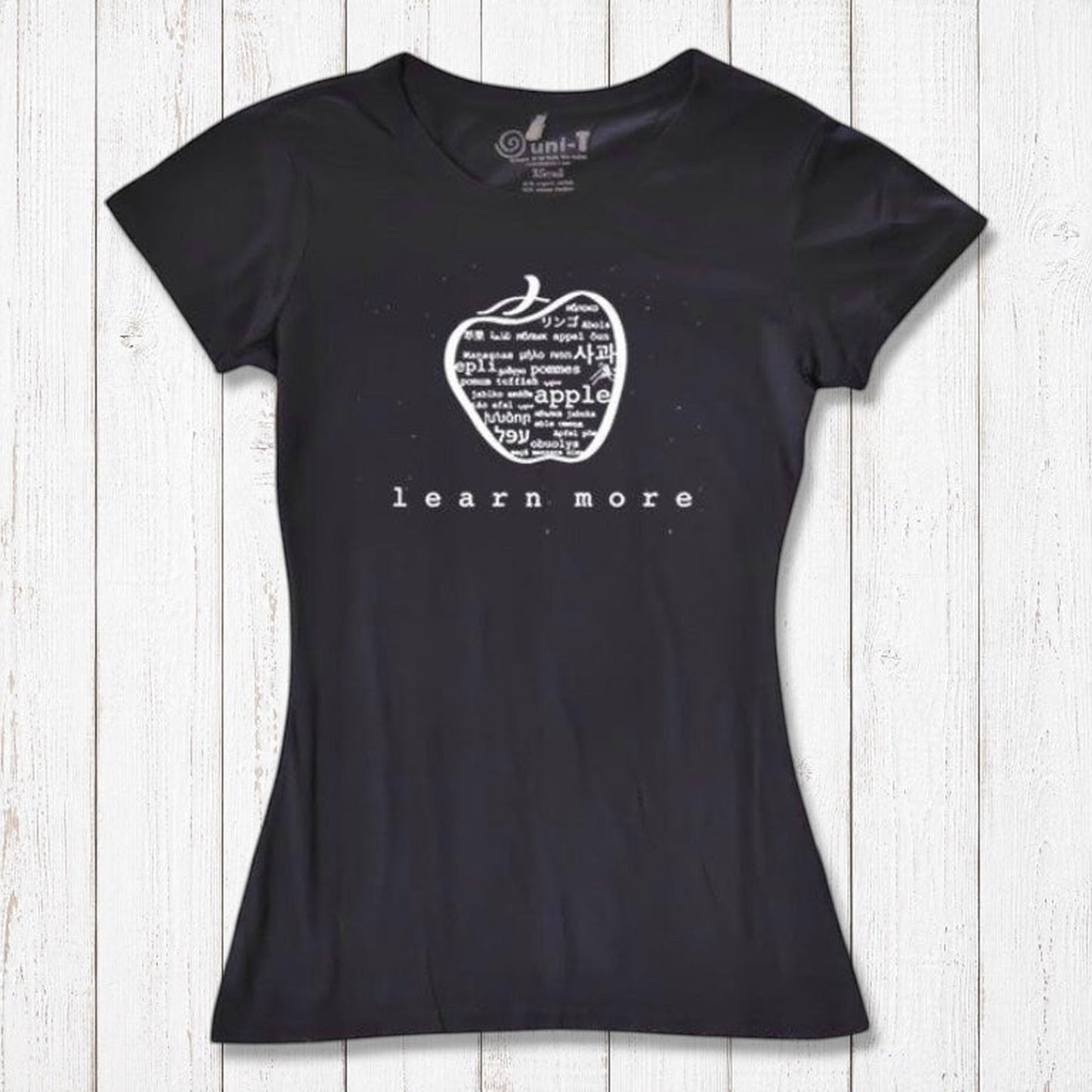 Women's Apple T-Shirt in black bamboo & organic cotton with 'learn more' inspirational graphic, ideal teacher appreciation gift.