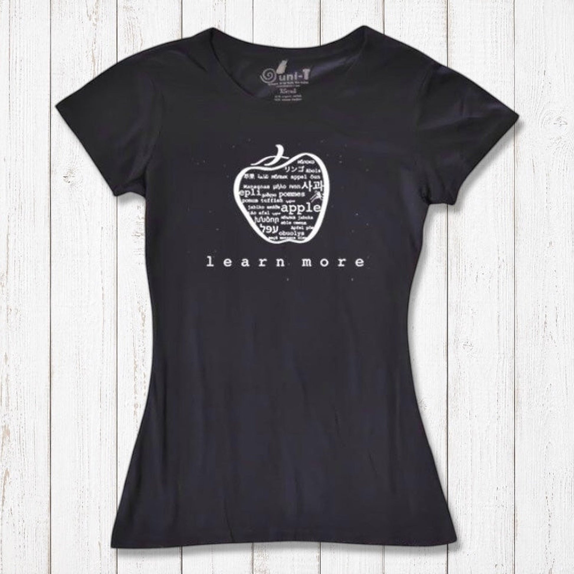 Women's Apple T-Shirt in black bamboo & organic cotton with 'learn more' inspirational graphic, ideal teacher appreciation gift.