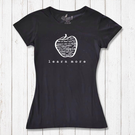 Women's Apple T-Shirt in black bamboo & organic cotton with 'learn more' inspirational graphic, ideal teacher appreciation gift.