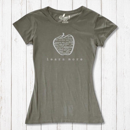 Olive green women's bamboo & organic cotton apple graphic tee with 'learn more' text, perfect sustainable gift for educators.
