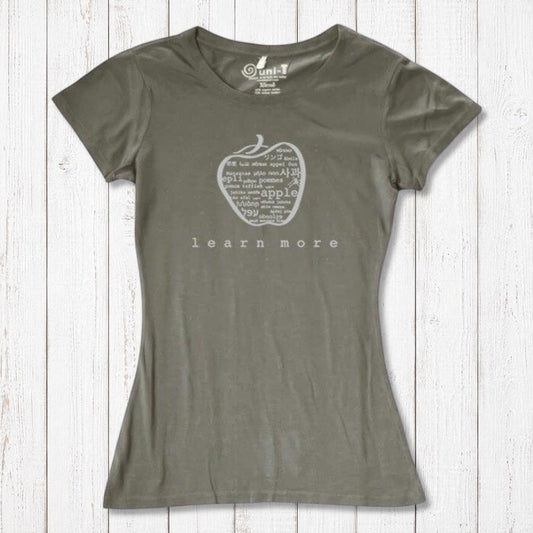Olive green women's bamboo & organic cotton apple graphic tee with 'learn more' text, perfect sustainable gift for educators.