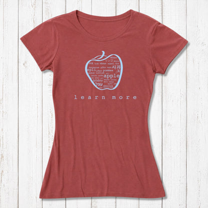 Red women's fitted T-shirt with apple 'learn more' graphic, crafted from bamboo & organic cotton, ideal for teacher appreciation.