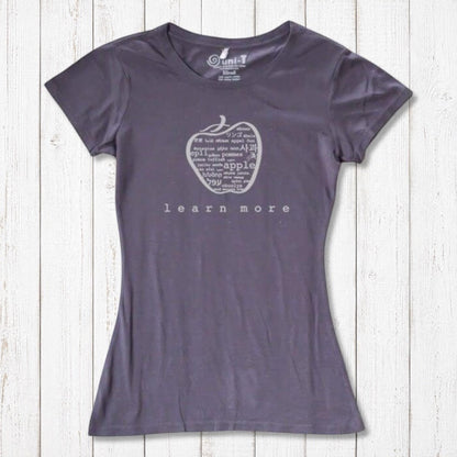 Charcoal gray women's bamboo & organic cotton T-shirt with apple 'learn more' graphic, sustainable and stylish for teachers.