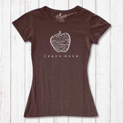 Brown women's bamboo & organic cotton T-shirt with apple 'learn more' design, eco-friendly and meaningful gift for teachers.