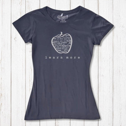 Navy blue women's apple T-shirt in bamboo & organic cotton with 'learn more' graphic, inspirational and sustainable teacher gift.