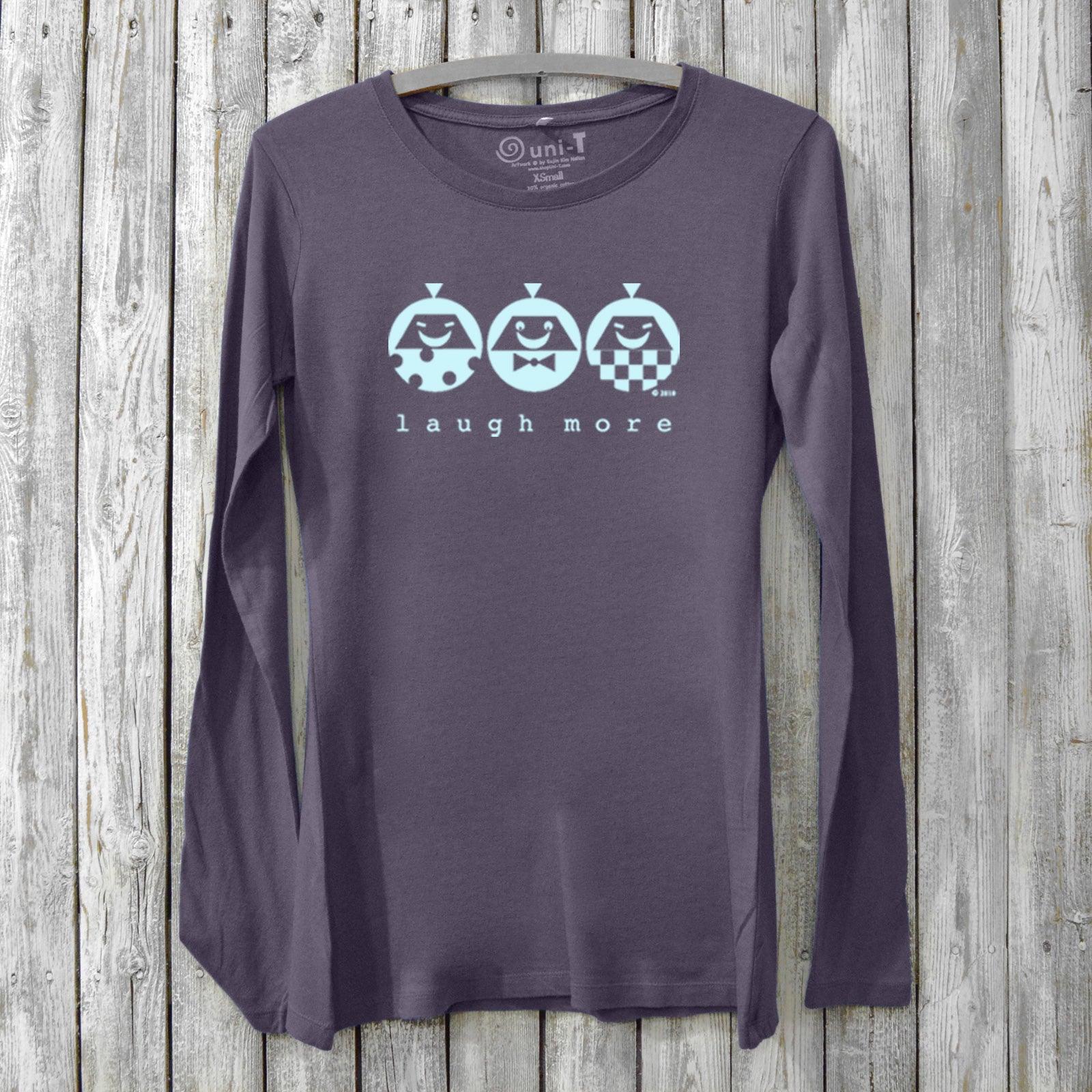 Women's Happy Long Sleeve T-Shirt in dark purple bamboo & organic cotton with 'Laugh More' graphic and cheerful character design by Uni-T.