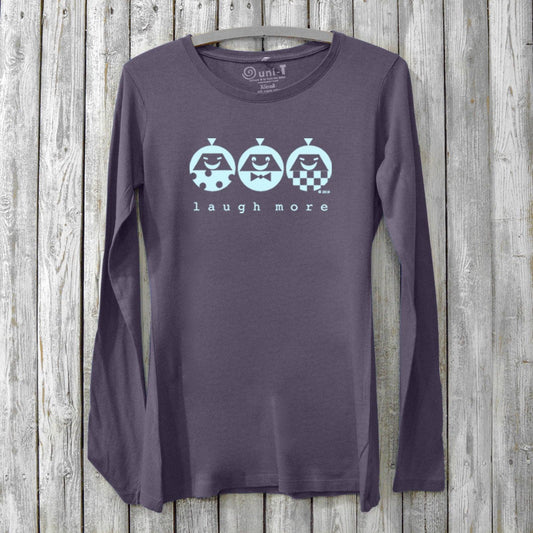 Women's Happy Long Sleeve T-Shirt in dark purple bamboo & organic cotton with 'Laugh More' graphic and cheerful character design by Uni-T.