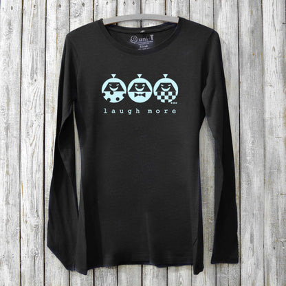 Black bamboo & organic cotton women's long sleeve tee featuring 'Laugh More' quote and playful blue character print, cozy positive vibe shirt by Uni-T.