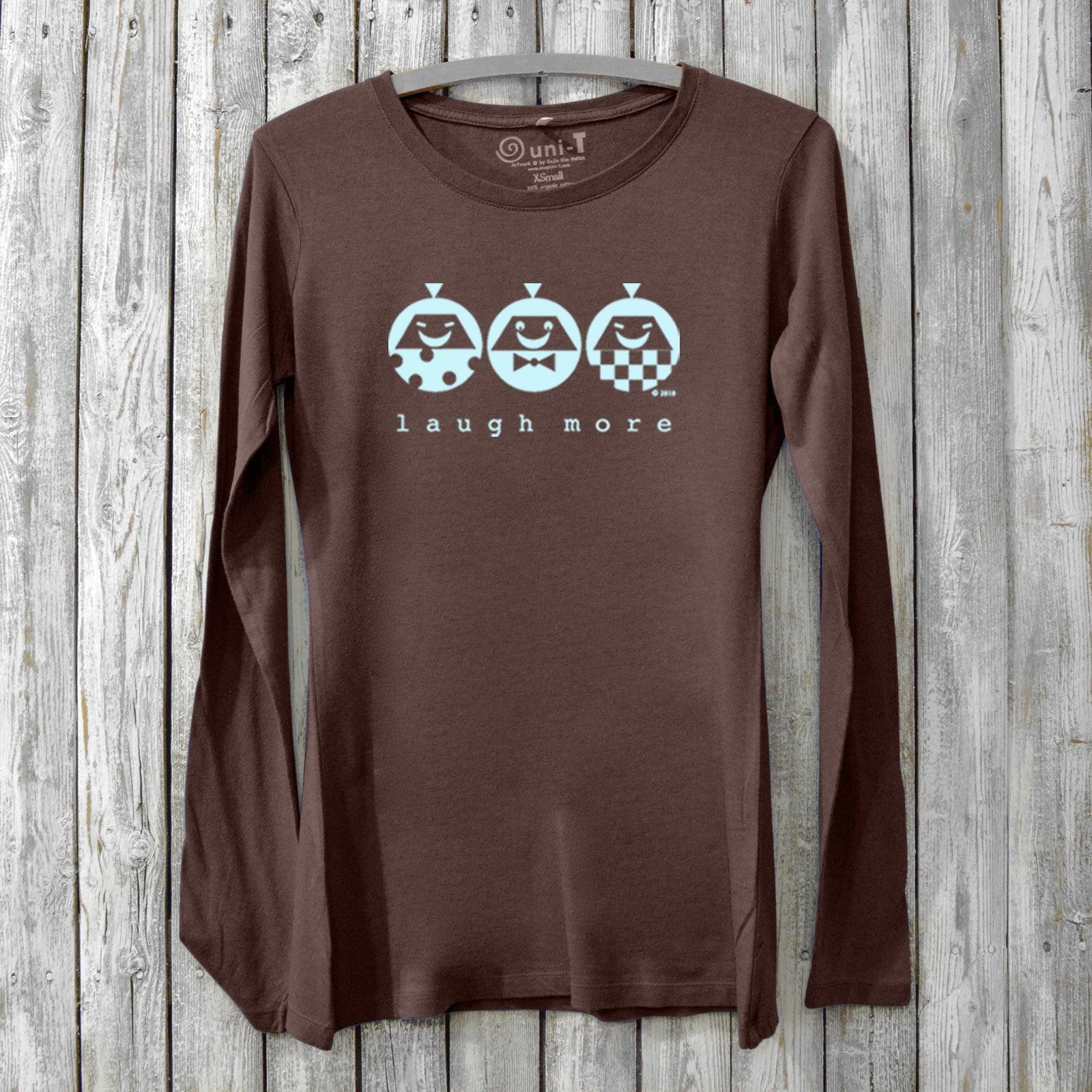 Brown long sleeve women's graphic tee made from bamboo & organic cotton, with 'Laugh More' message and fun cartoon trio, sustainable gift idea by Uni-T.