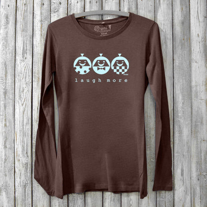Brown long sleeve women's graphic tee made from bamboo & organic cotton, with 'Laugh More' message and fun cartoon trio, sustainable gift idea by Uni-T.