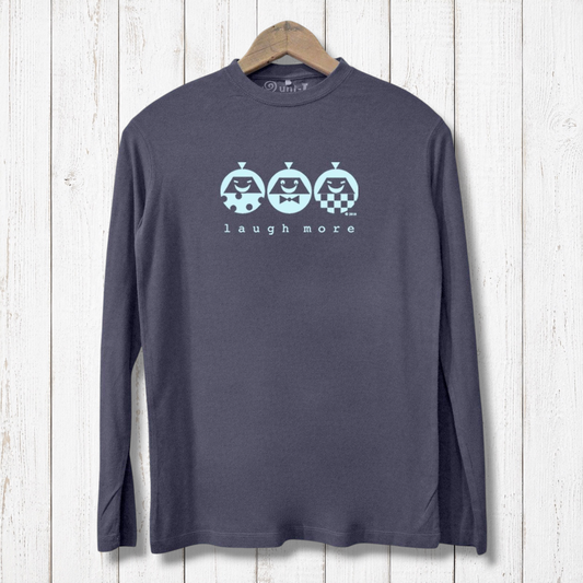 Positive vibe long sleeve tshirt for men in charcoal grey featuring playful 'Laugh More' design, crafted from sustainable bamboo and organic cotton.