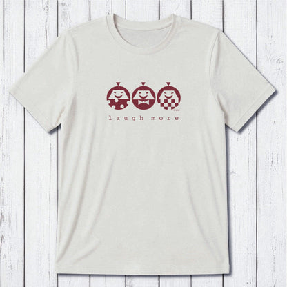 Men's Happy T-Shirt in Bamboo & Organic Cotton with 'Laugh More' quote and cartoon faces in maroon on cream. Eco-friendly funny gift tee.