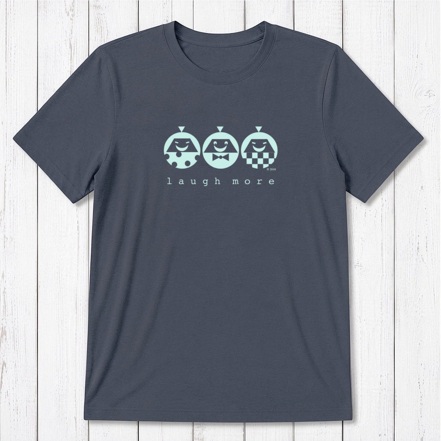 Men's Happy T-Shirt in Bamboo & Organic Cotton in charcoal with mint 'Laugh More' graphic. Sustainable funny tee with positive message.