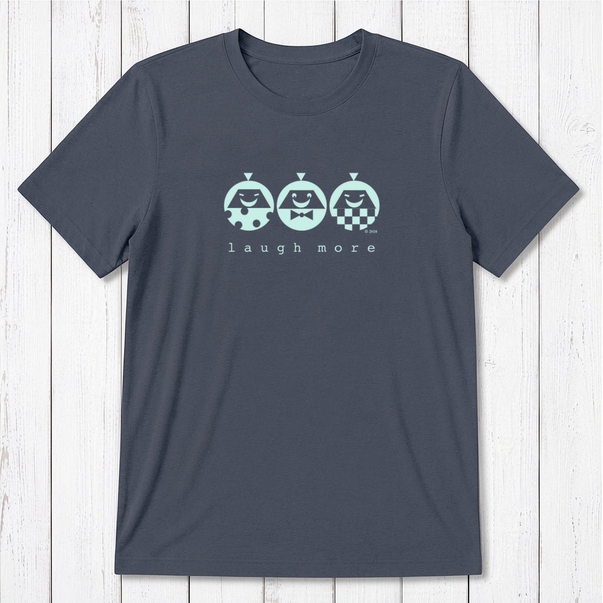 Men's Happy T-Shirt in Bamboo & Organic Cotton in charcoal with mint 'Laugh More' graphic. Sustainable funny tee with positive message.