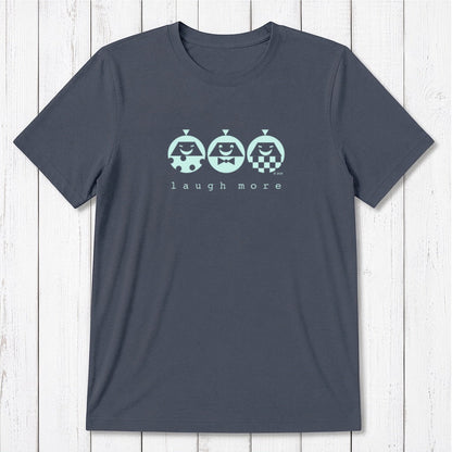 Men's Happy T-Shirt in Bamboo & Organic Cotton in charcoal with mint 'Laugh More' graphic. Sustainable funny tee with positive message.