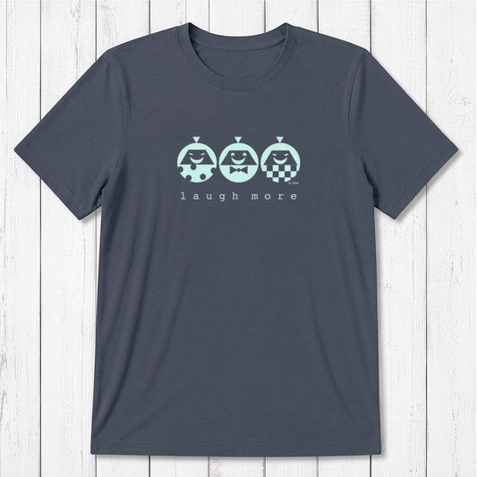Men's Happy T-Shirt in Bamboo & Organic Cotton in charcoal with mint 'Laugh More' graphic. Sustainable funny tee with positive message.