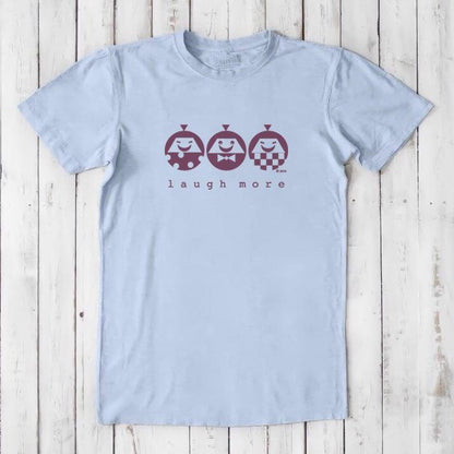 Men's Happy T-Shirt in Bamboo & Organic Cotton in light blue featuring maroon 'Laugh More' quote and cartoon faces. Uplifting eco-friendly gift.