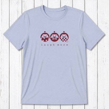 Men's Happy T-Shirt in Bamboo & Organic Cotton in light blue featuring maroon 'Laugh More' quote and cartoon faces. Uplifting eco-friendly gift.