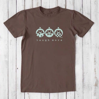Men's Happy T-Shirt in Bamboo & Organic Cotton in brown with mint 'Laugh More' graphic. Funny and sustainable inspirational gift tee.
