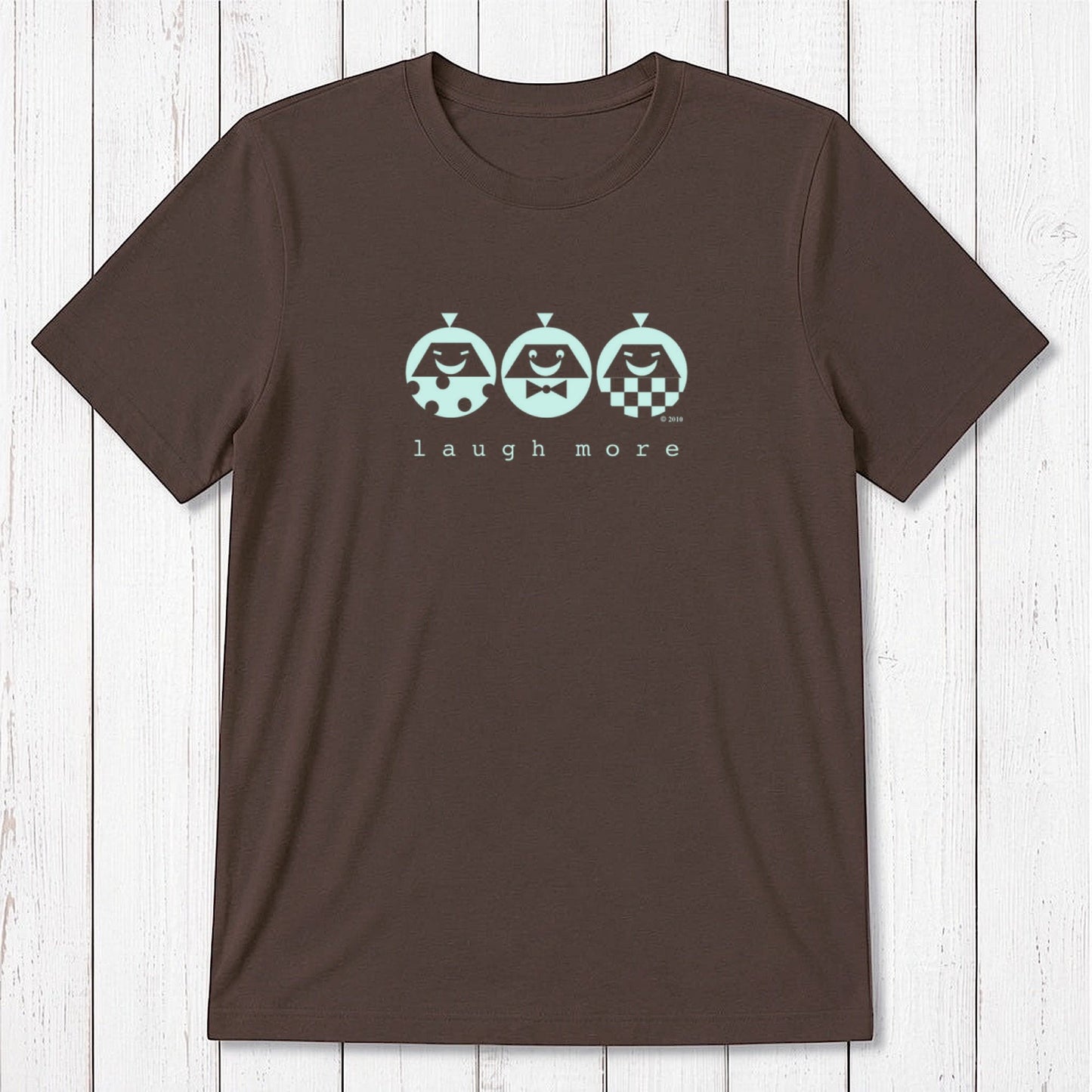 Men's Happy T-Shirt in Bamboo & Organic Cotton in brown with mint 'Laugh More' graphic. Funny and sustainable inspirational gift tee.