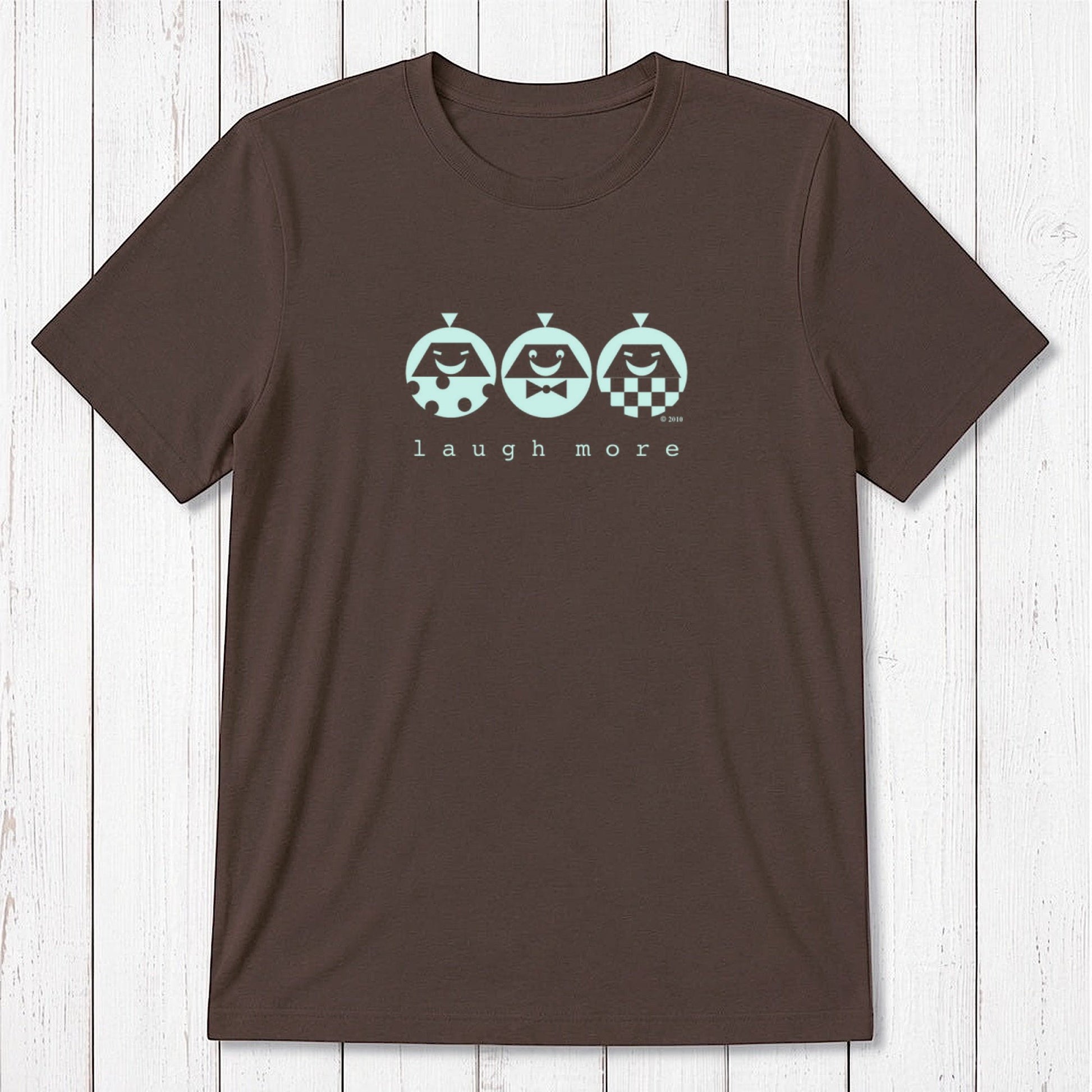 Men's Happy T-Shirt in Bamboo & Organic Cotton in brown with mint 'Laugh More' graphic. Funny and sustainable inspirational gift tee.