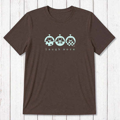 Men's Happy T-Shirt in Bamboo & Organic Cotton in brown with mint 'Laugh More' graphic. Funny and sustainable inspirational gift tee.