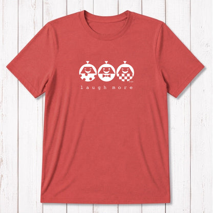 Men's Happy T-Shirt in Bamboo & Organic Cotton in coral red with mint 'Laugh More' cartoon design. Positive vibe gift for men.