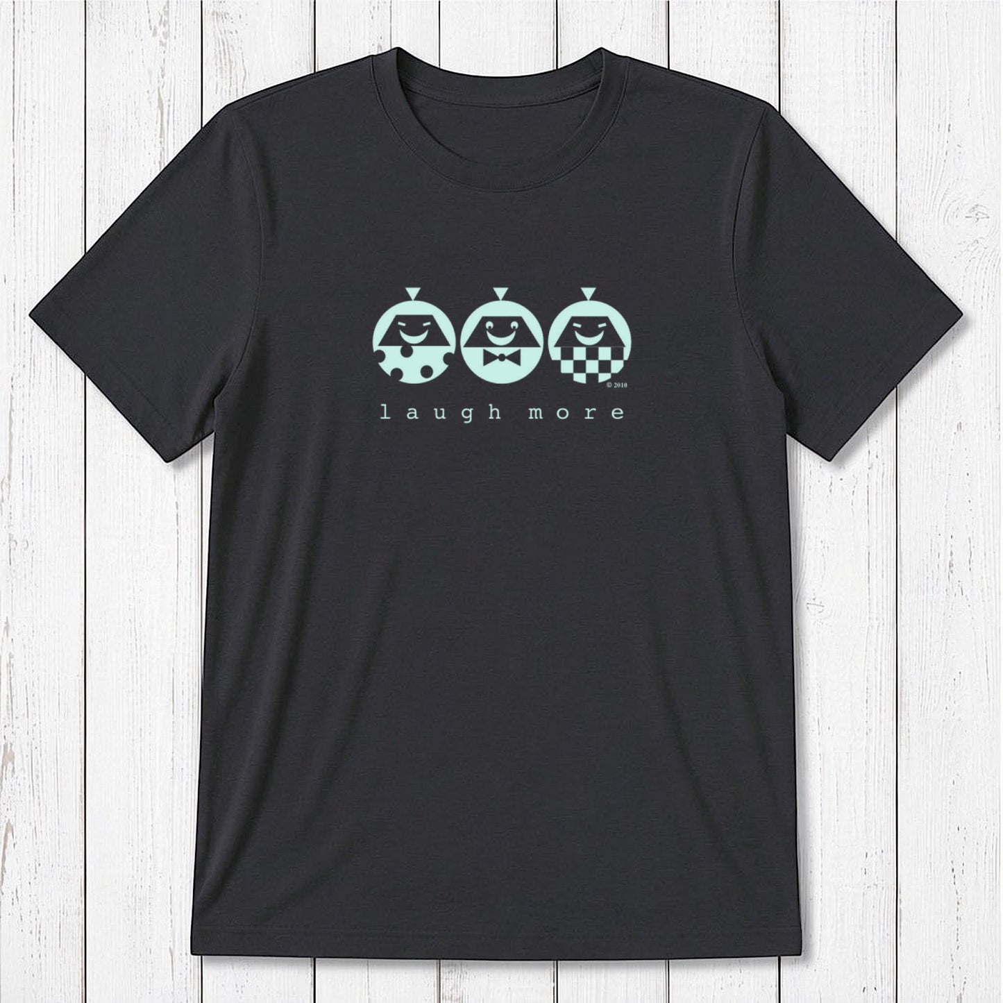 Men's Happy T-Shirt in Bamboo & Organic Cotton in black with mint 'Laugh More' quote and cartoon faces. Funny and eco-conscious tee.